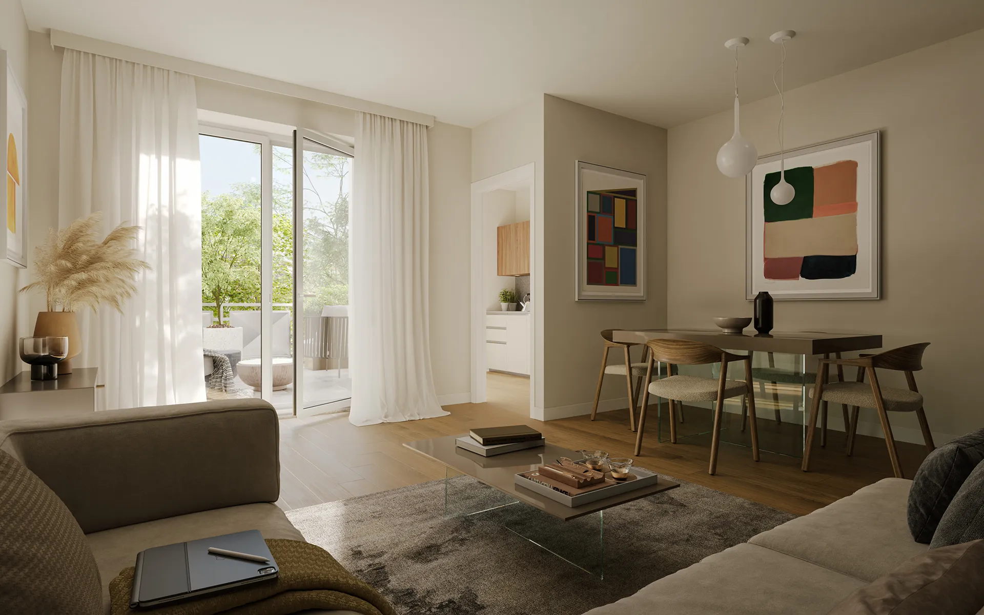 Living open space di Clivia Living Pisana con cucina integrata e ampie vetrate affacciate sul terrazzo.